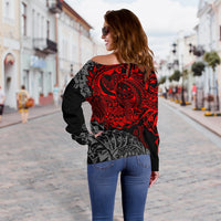 Guam Polynesian Off Shoulder Sweater (Women) - Red Turtle Flowing - Polynesian Pride