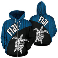Fiji Tapa Zip up Hoodie Fiji Turtle Mermaid Blue Dark Unisex Black - Polynesian Pride