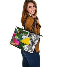 Tokelau Large Leather Tote Bag White - Turtle Plumeria Banana Leaf - Polynesian Pride