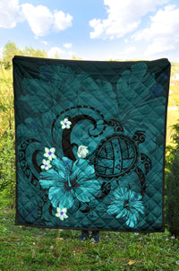 Hawaii Turtle Poly Tribal Turquoise Premium Quilt - Polynesian Pride