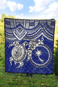 Chuuk Polynesian Premium Quilt - Chuuk Flag & White Turtle Hibiscus (Blue) - Polynesian Pride