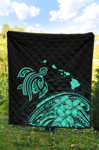 Hawaii Map Plumeria Polynesian Turquoise Premium Quilt - Polynesian Pride