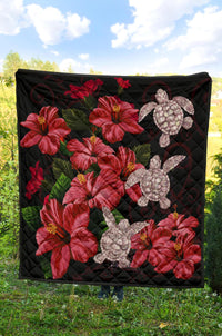 Hawaii Red Hibiscus Turtle Premium Quilt - AH - Ray Style - Polynesian Pride