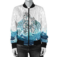 Maori Manaia The Blue Sea Women's Bomber Jacket, White - Polynesian Pride