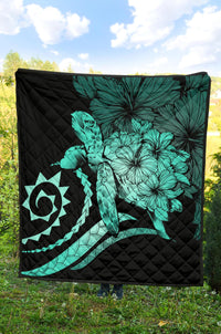 Hawaii Turtle Hibiscus Polynesian Vintage Premium Quilt - Turquoise - Polynesian Pride