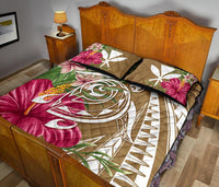 Hawaii Polynesian Turtle Tropical Hibiscus Plumeria Quilt Bed Set - Gold - Polynesian Pride