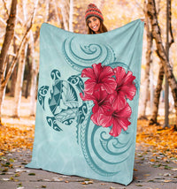 Hawaii Polynesian Turtle Hibiscus Blue Premium Blanket - Bless Style - Polynesian Pride