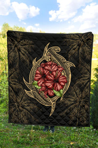 Hawaii Shark Hibiscus Gold Premium Quilt - Polynesian Pride