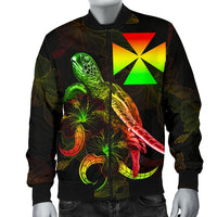 Wallis and Futuna Polynesian Men's Bomber Jacket - Turtle With Blooming Hibiscus Reggae - Polynesian Pride