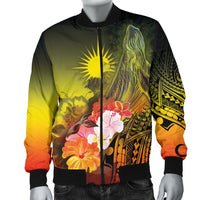 Marshall Islands Men's Bomber Jacket - Humpback Whale with Tropical Flowers (Yellow) - Polynesian Pride