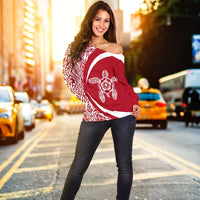 Hawaii Turtle Polynesian Women's Off Shoulder Sweater - Circle Style - AH - Red - Polynesian Pride