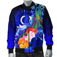Vanuatu Men's Bomber Jacket - Humpback Whale with Tropical Flowers (Blue) - Polynesian Pride