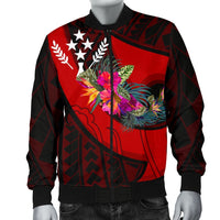 Kosrae Men's Bomber Jacket - Polynesian Hook And Hibiscus (Red) - Polynesian Pride