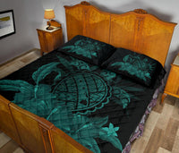 Hawaii Turtle Map Hibiscus Quilt Bed Set - Turquoise - Polynesian Pride