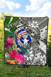 Northern Mariana Islands Premium Quilt White - Turtle Plumeria Banana Leaf - Polynesian Pride
