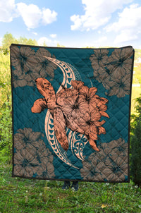 Hawaii Polynesian Turtle Hibiscus Premium Quilt - Orange - Polynesian Pride