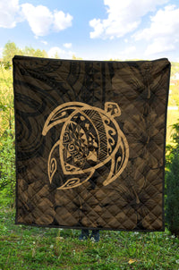Hawaii Turtle Kanaka Map Hibiscus Poly Premium Quilt - Gold - Polynesian Pride