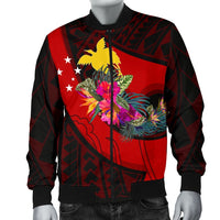 Papua New Guinea Men's Bomber Jacket - Polynesian Hook And Hibiscus (Red) - Polynesian Pride