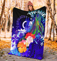 Vanuatu Premium Blanket - Humpback Whale with Tropical Flowers (Blue) - Polynesian Pride