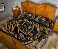 Hawaiian Kanaka Honu Hibiscus Tornando Gold Polynesian Quilt Bed Set - Polynesian Pride