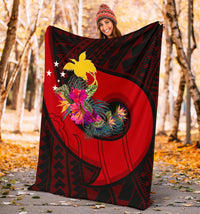 Papua New Guinea Premium Blanket - Polynesian Hook And Hibiscus (Red) - Polynesian Pride
