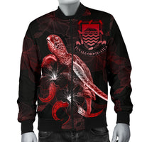 Tuvalu Polynesian Men's Bomber Jacket - Turtle With Blooming Hibiscus Red - Polynesian Pride