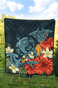 Hawaii Turtle Shark Manta Ray Hibiscus Plumeria Premium Quilt - Polynesian Pride