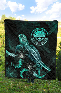 Federated States of Micronesia Polynesian Premium Quilt - Turtle With Blooming Hibiscus Turquoise - Polynesian Pride