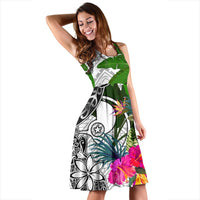 Yap Midi Dress White - Turtle Plumeria Banana Leaf - Polynesian Pride