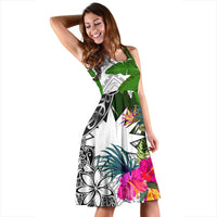 Nauru Midi Dress White - Turtle Plumeria Banana Leaf - Polynesian Pride