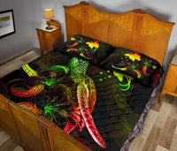 Papua New Guinea Polynesian Quilt Bed Set - Turtle With Blooming Hibiscus Reggae - Polynesian Pride