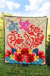 Hawaii Turtle Couple Hibiscus Valentine Pattern Premium Quilt - Romance Style - AH - Polynesian Pride