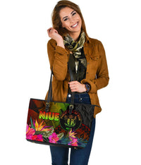 Niue Polynesian Large Leather Tote Bag - Hibiscus and Banana Leaves - Polynesian Pride