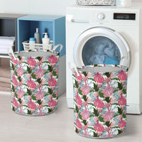 Pink Monstera And Green Tropical Leaves White Hawaii Laundry Basket AH - Polynesian Pride