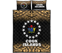 Cook Islands Quilt Bed Set - Cook Islands Flag Coat Of Arms Polynesian Tattoo Black Fog Style Yellow - Polynesian Pride