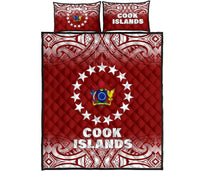 Cook Islands Quilt Bed Set - Cook Islands Flag Coat Of Arms Polynesian Tattoo Red Fog Style Red - Polynesian Pride