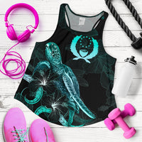 Pohnpei Polynesian Women Tank Top - Turtle With Blooming Hibiscus Turquoise Turquoise - Polynesian Pride