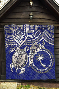 Chuuk Polynesian Premium Quilt - Chuuk Flag & White Turtle Hibiscus (Blue) - Polynesian Pride