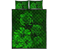 Hawaiian Map Turtle Hibiscus Vintage Polynesian Quilt Bedding Set Green Green - Polynesian Pride