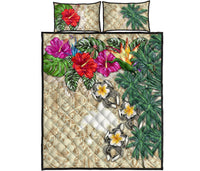 Papua New Guinea Polynesian Quilt Bed Set - Hibiscus Turtle Tattoo Beige - Polynesian Pride