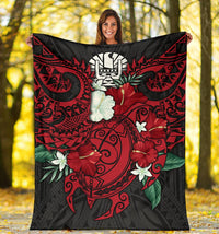 Tahiti Polynesian Premium Blanket - Hibiscus and Sea Turtle (Red) - Polynesian Pride