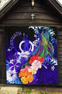 Vanuatu Premium Quilt - Humpback Whale with Tropical Flowers (Blue) - Polynesian Pride