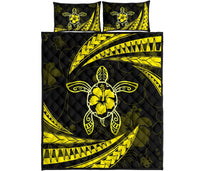 Hawaii Quilt Bed Set - Hibiscus Turtle Tribal Waves Yellow Yellow - Polynesian Pride