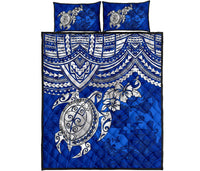 Tonga Polynesian Quilt Bed Set - Tonga Coat Of Arms & Blue Turtle Hibiscus - Polynesian Pride
