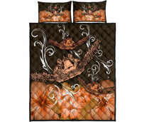 Hawaii Polynesian Turtle Waves Hibiscus Quilt Bed Set - Erik Style - AH - Orange Orange - Polynesian Pride