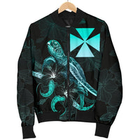 Wallis and Futuna Polynesian Men's Bomber Jacket - Turtle With Blooming Hibiscus Turquoise - Polynesian Pride