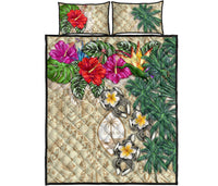 Guam Polynesian Quilt Bed Set - Hibiscus Turtle Tattoo Beige - Polynesian Pride
