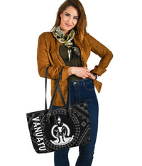 Vanuatu Large Leather Tote Bag - Vanuatu Seal With Polynesian Tattoo Style - Polynesian Pride