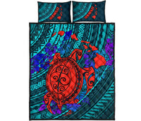 Hawaii Polynesian Quilt Bed Set - Hawaii Red Sea Turtle Map & Blue Hibiscus - Polynesian Pride
