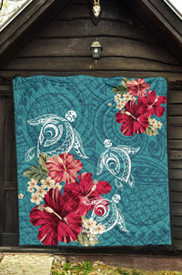 Hawaii Turtle Hibiscus Plumeria Blue Polynesian - Premium Quilt AH - Polynesian Pride